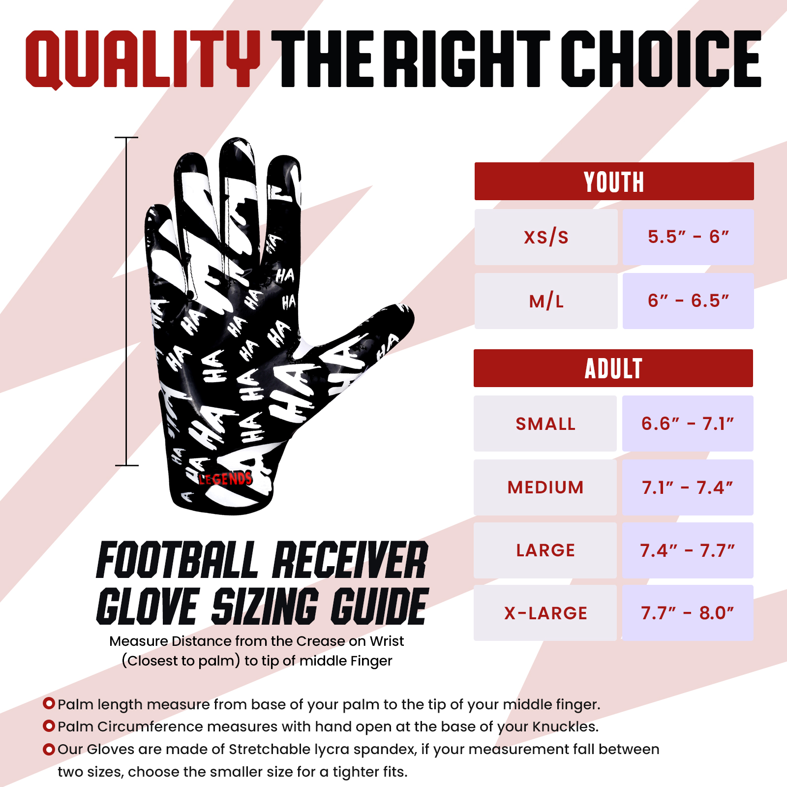 LISAAZ Football Receiver Glove Sizing Guide — Youth XS/S to Adult XL with hand measurements