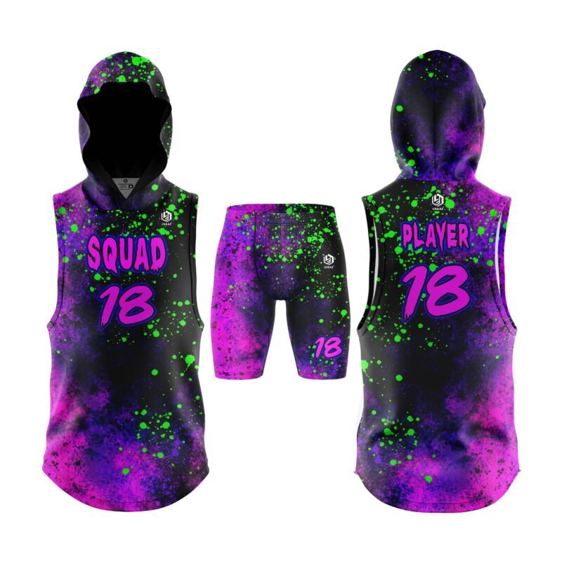 Custom 7v7 flag football uniform with purple neon splatter hooded jersey and shorts